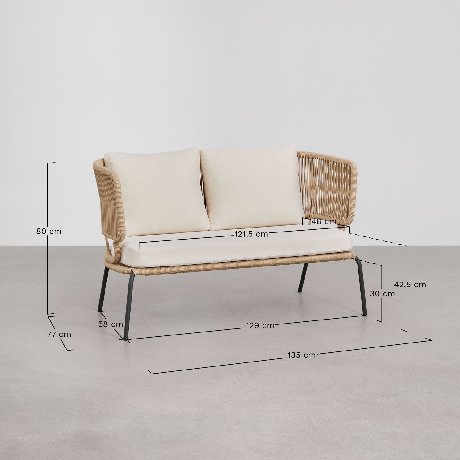 2-seater sofa in iron and braided rope Calipso, medidas