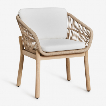 Set Of 4 Dining Chairs With Armrests In Acacia Wood And Braided Rope Karvia Light Brown Acacia & Fabric White - Sklum