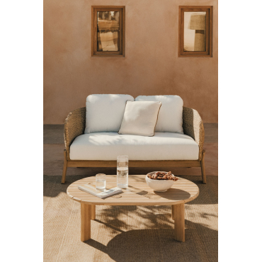 Leilan Garden Set With 2-seater Sofa And Coffee Table In Acacia Wood And Rattan Light Brown Acacia - Sklum