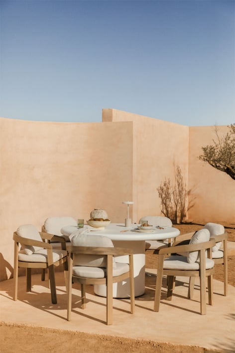 Set of Ø140 cm round cement table Namara and 6 garden chairs in acacia wood Uleno