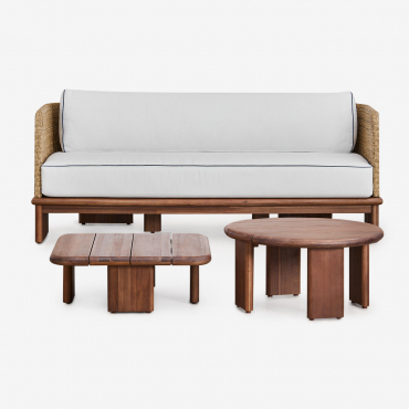 Living Room Set With A 3-seater Sofa And 2 Coffee Tables In Rattan And Famara Acacia Wood Acacia Brown - Sklum
