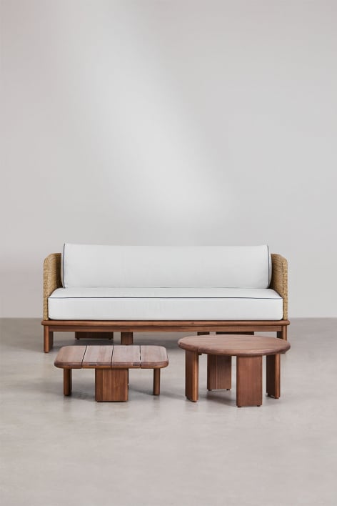 Living room set with a 3-seater sofa and 2 coffee tables in rattan and Famara acacia wood - Acacia Brown