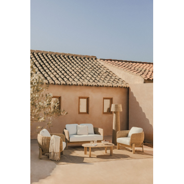 Leilan Garden Set With 2-seater Sofa, 2 Armchairs And Coffee Table In Acacia Wood And Rattan Light Acacia Brown - Sklum