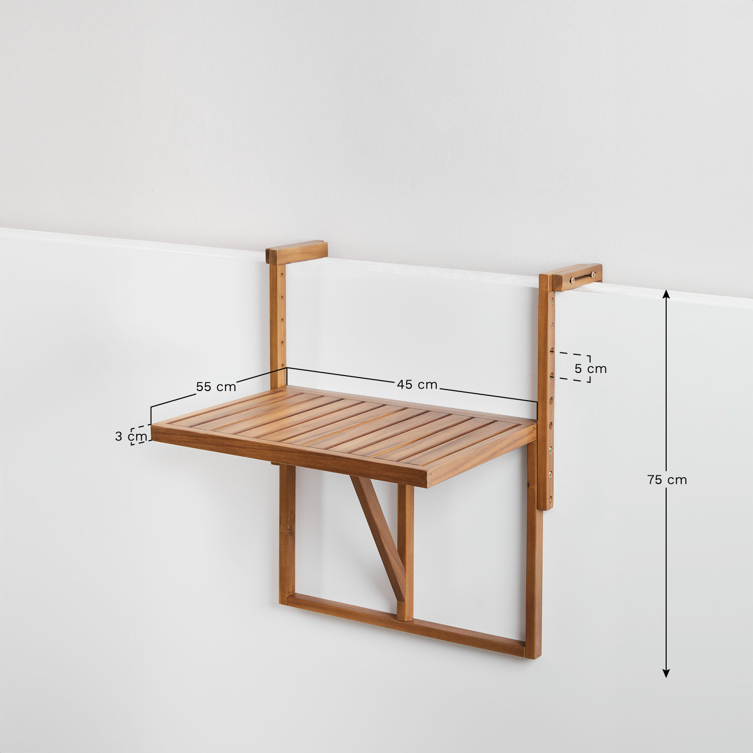 Rectangular hanging and folding garden table 65x60 cm in acacia wood Delawer, medidas