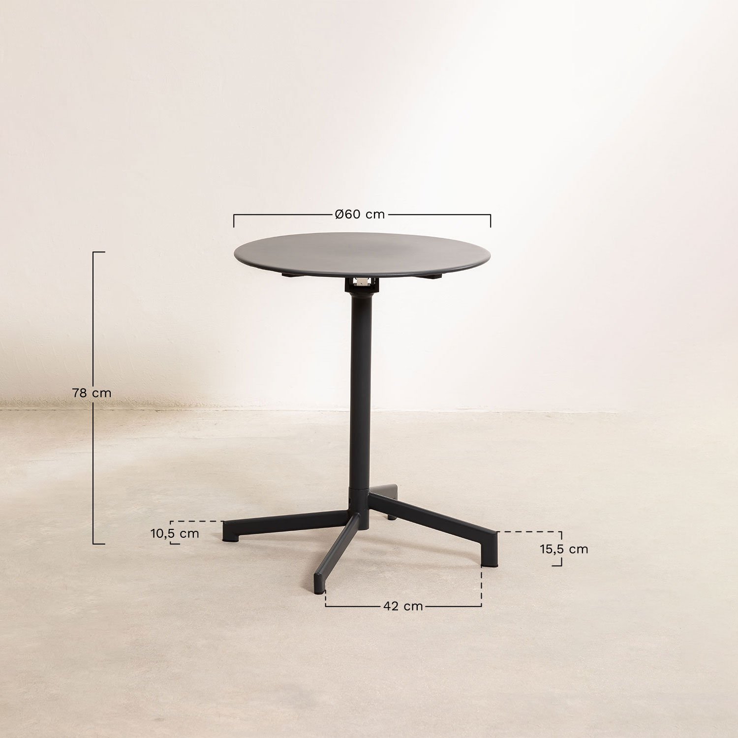 Round bar table Ø60 cm foldable and convertible into 2 heights in steel Dely, medidas