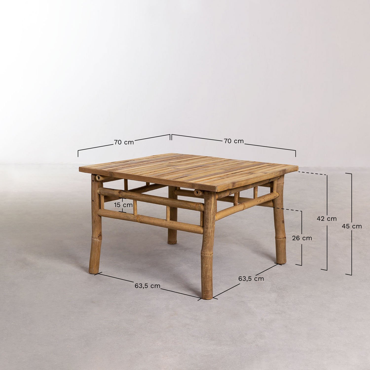 Square Garden Coffee Table 70x70 cm in Bamboo Jamaik, medidas