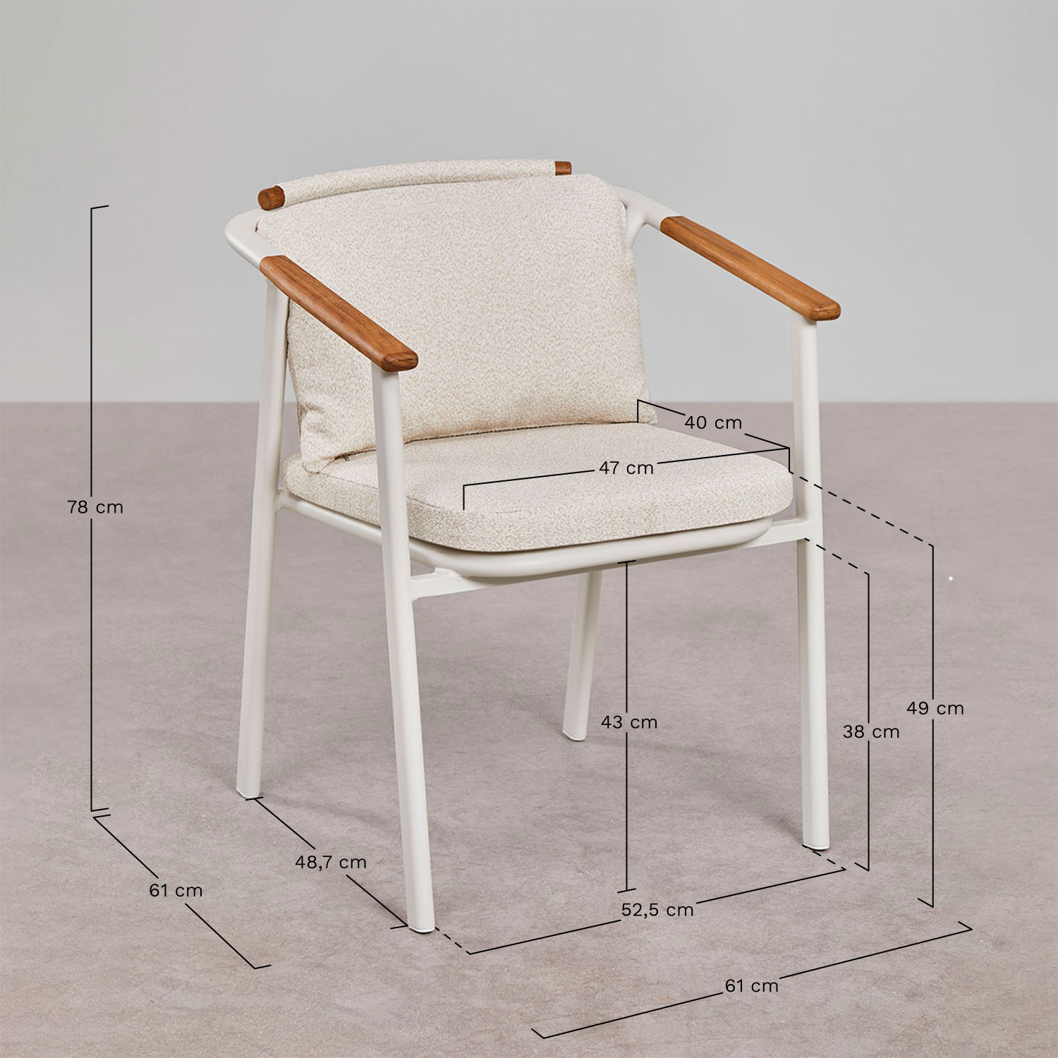 Rectangular extendable table set 220-280x100 cm in Zinti ceramic and 10 garden chairs in aluminum and Yervin bouclé fabric, medidas