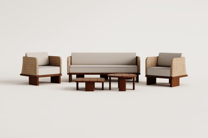 Garden set with 3-seater sofa, 2 armchairs and 2 coffee tables in rattan and acacia wood Famara