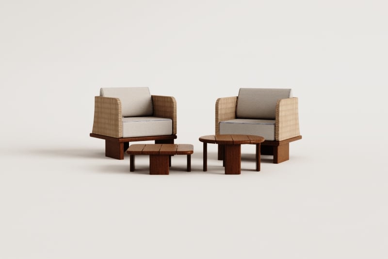 Living room set with 2 armchairs and 2 coffee tables in rattan and acacia wood Famara