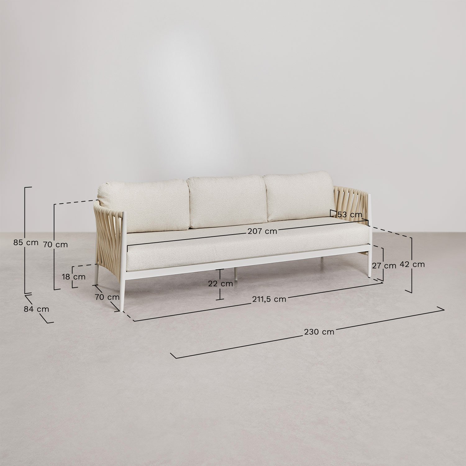 3-seater garden sofa in aluminium and Sereilen bouclé fabric, medidas