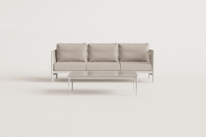 Living room set with 3-seater sofa in bouclé fabric and rectangular coffee table 120x70 cm in Sereilen aluminium