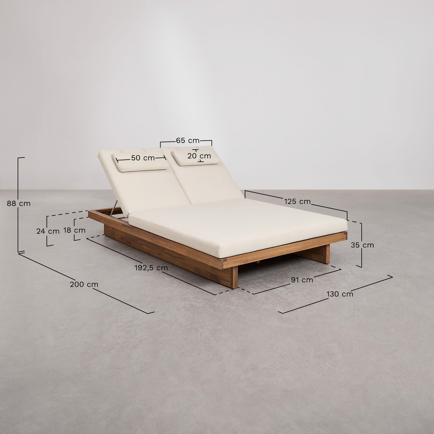 Double reclining lounger in acacia wood with Dailin cushion, medidas