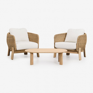 Living Room Set With 2 Armchairs And Coffee Table In Acacia Wood And Rattan Leilan Light Acacia Brown - Sklum