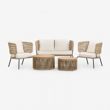 5-piece Living Room Set With 2-seater Sofa, 2 Armchairs, And 2 Coffee Tables Calipso Natural - Sklum