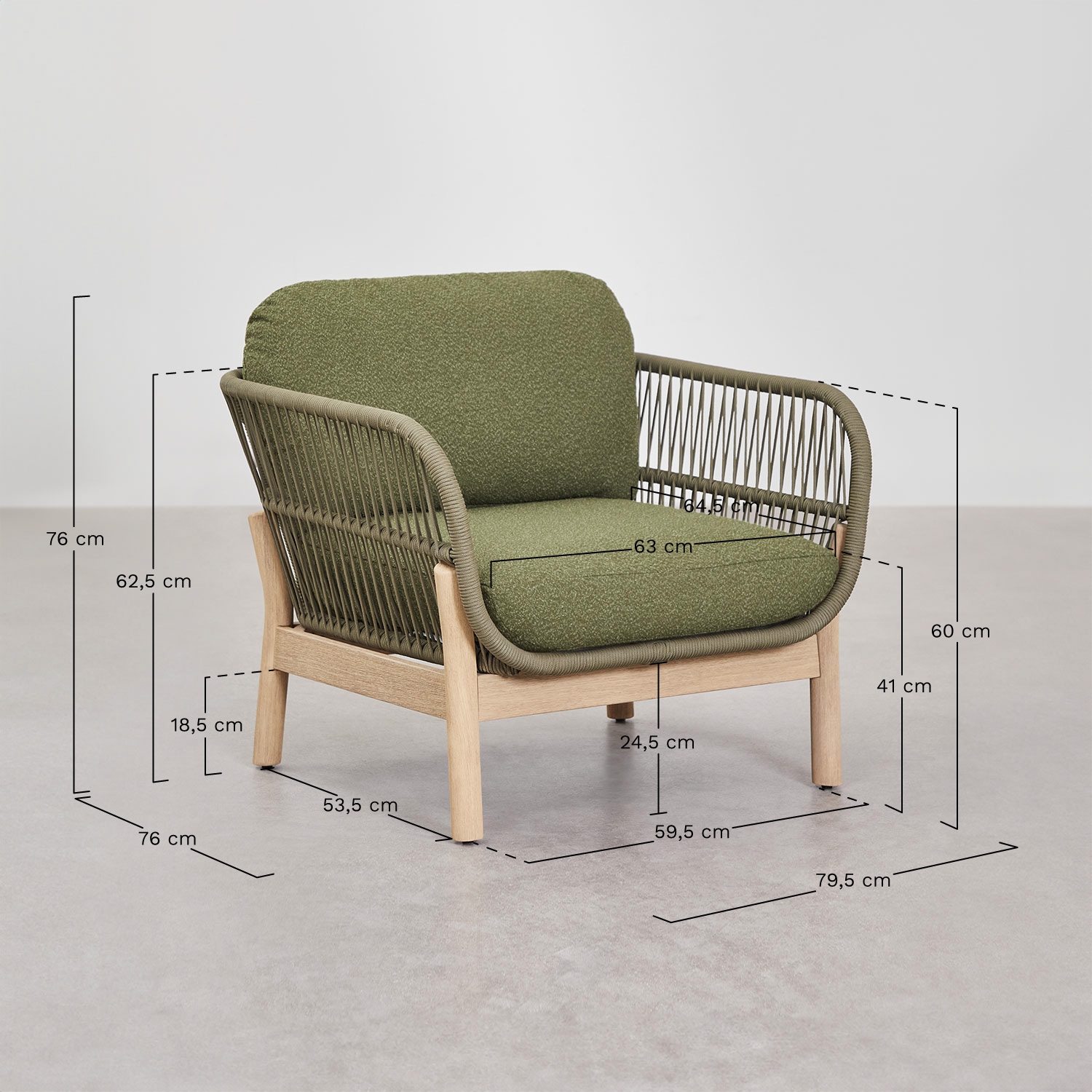 Living room set with 2 armchairs and coffee table in acacia wood and braided rope Karvia , medidas