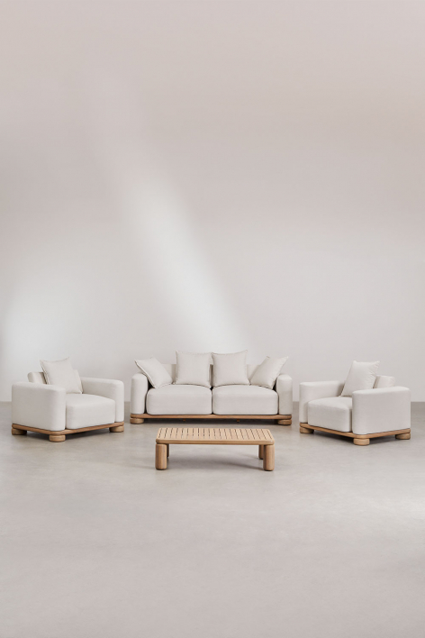 Living room set with 2-seater sofa, 2 armchairs, and 115x70 cm acacia wood coffee table Ioanis