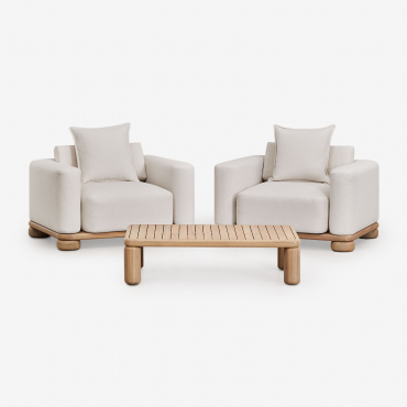 Living Room Set With 2 Armchairs And Coffee Table In Acacia Wood 125x80 Cm Ioanis Light Acacia Brown - Sklum