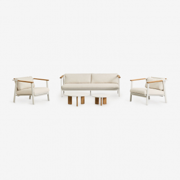 Living Room Set With 3-seater Sofa In Bouclé Fabric, 2 Coffee Tables, And 2 Aluminum Armchairs Yervin Natural Colors Bouclé - Sklum