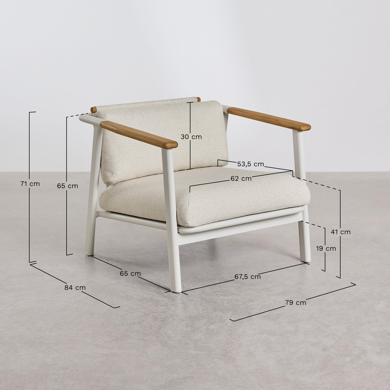 Living room set with 3-seater sofa in bouclé fabric, 2 coffee tables, and 2 aluminum armchairs Yervin, medidas