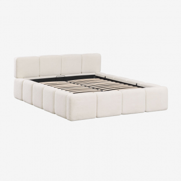 Jolcem Upholstered Bed With Lift-up Storage In Bouclé Fabric White Bouclé & 160 X 200 Cm - Sklum
