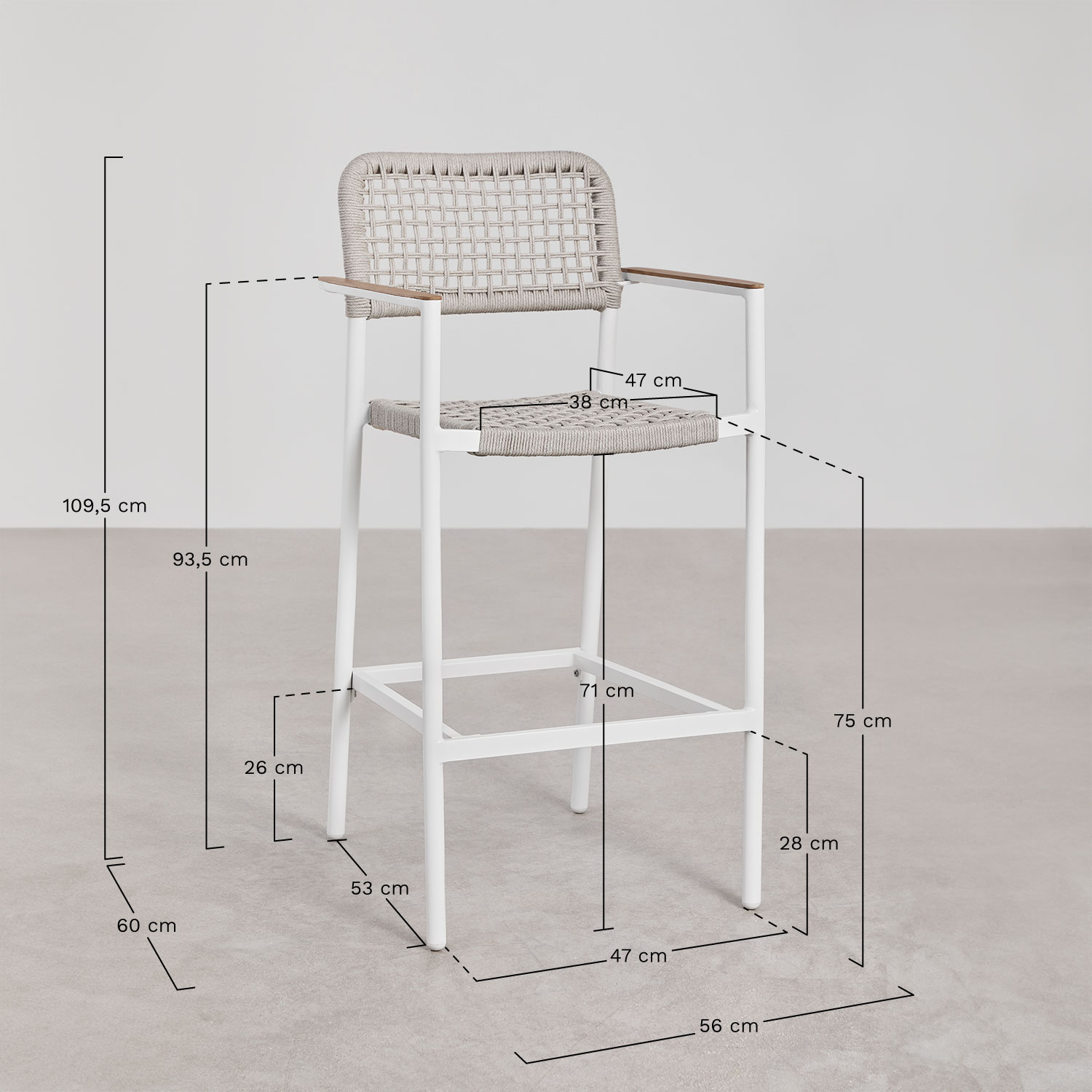 Pack of 4 Nediam high garden stools with armrests in aluminum and braided rope, medidas