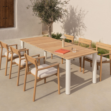 Rectangular Table Set 220x100 Cm In Aluminum And Teak Wood Sirka And 6 Garden Chairs With Armrests In Wooden Saira Light Teak Wood - Sklum