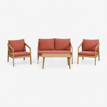 Living Room Set With 2-seater Sofa, 2 Armchairs And Coffee Table In Acacia Wood And Braided Rope Kaela Red Roof Tile & Acacia Brown - Sklum