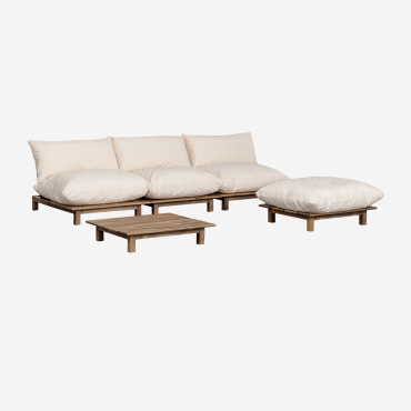 Living Room Set With 3-piece Modular Reclining Sofa, Coffee Table And Pouf In Brina Acacia Wood Beige Cream - Sklum