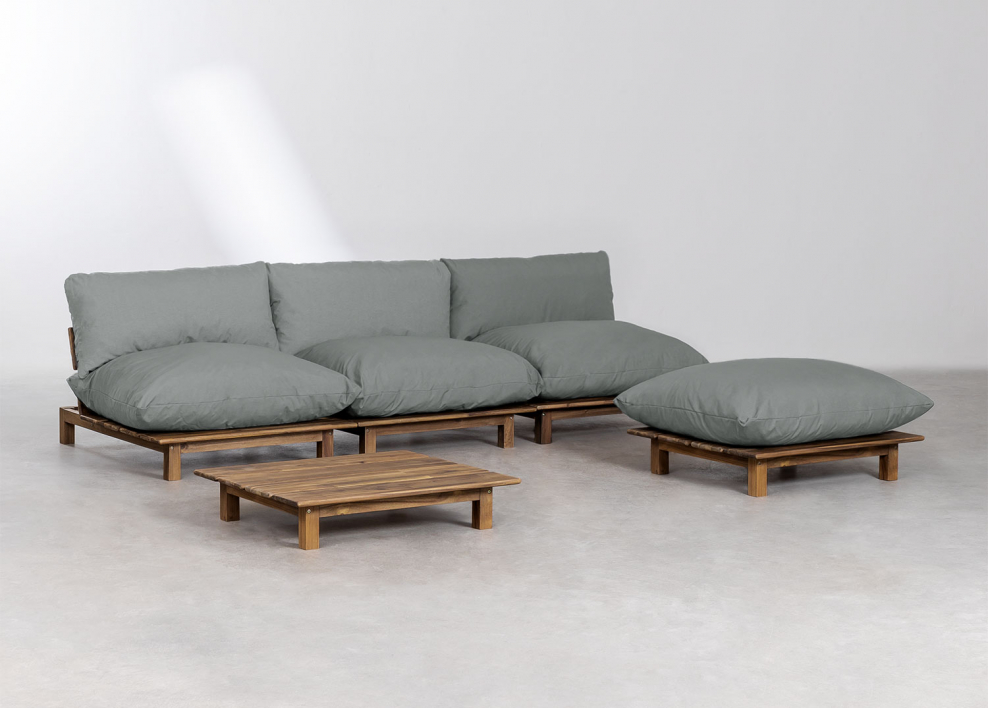 Living room set with 3-piece modular reclining sofa, coffee table and pouf in Brina acacia wood - Grey Anthracite