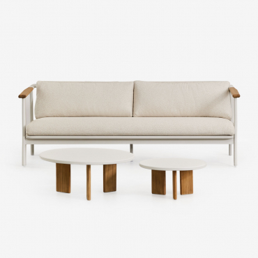 Living Room Set With 3-seater Sofa In Bouclé Fabric And 2 Yervin Aluminium Coffee Tables Natural Colors Bouclé - Sklum