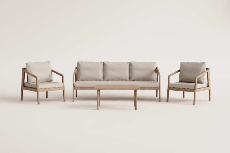 Garden set with 3-seater sofa, 2 armchairs and coffee table in acacia wood and braided rope Kaela