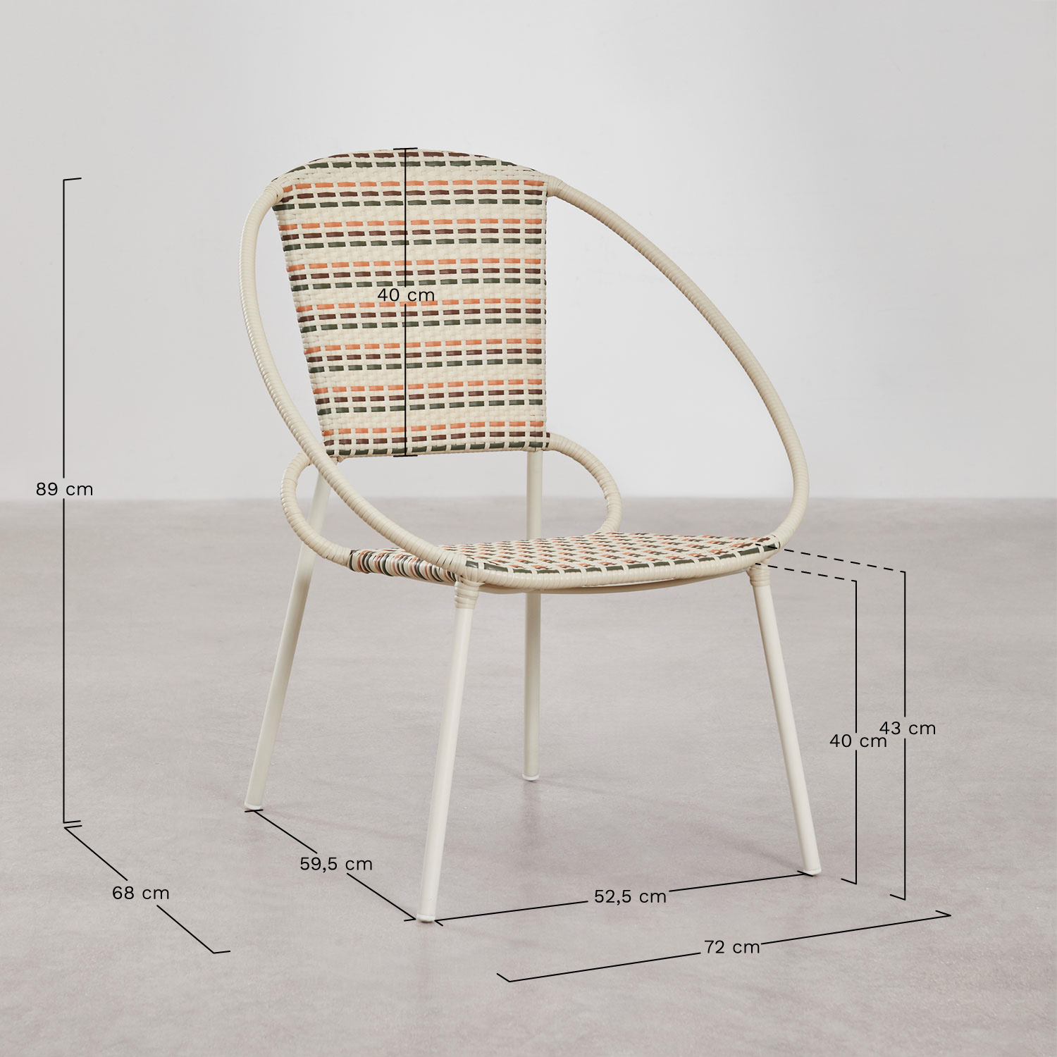 Maryland stackable garden armchair in steel and synthetic wicker, medidas