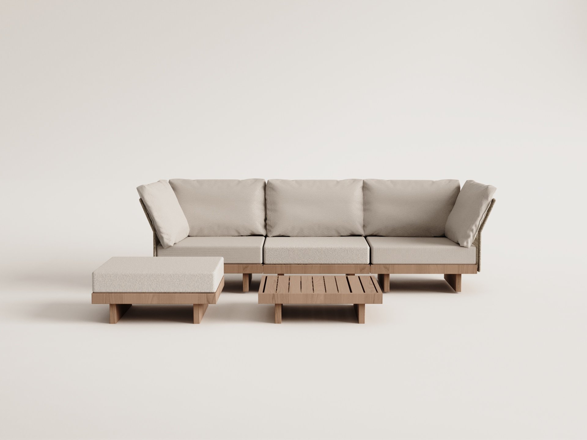 Dailin 3-Piece Modular Sofa Set with 2 Corner Armchairs, Coffee Table and Ottoman in Acacia Wood