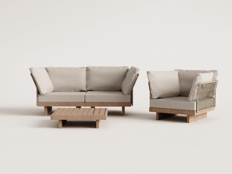 Garden set with 2-piece modular sofa with 2 corner chairs, coffee table, and armchair in acacia wood Dailin