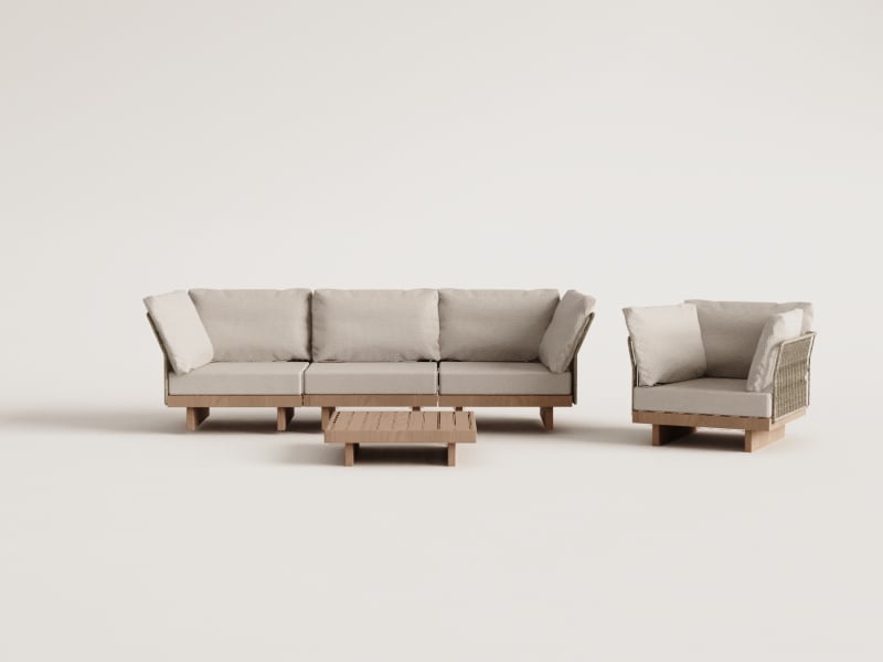 Dailin 3-Piece Modular Sofa Set with 2 Corner Chairs, Coffee Table and Armchair in Acacia Wood