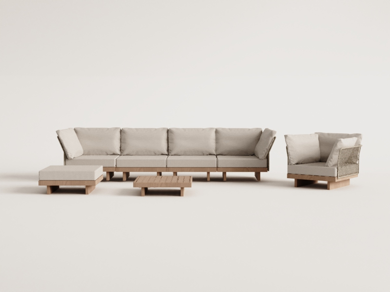 Dailin 4-piece modular garden sofa set with 2 corner chairs, coffee table, armchair and pouf in acacia wood