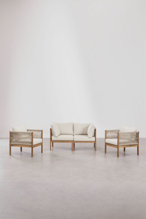 Living room set with 2-piece modular sofa with armrests and 2 armchairs in Branson acacia wood