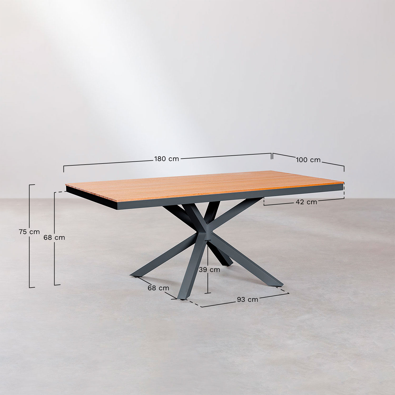 Rectangular table set (180x100 cm) and 6 Archer garden chairs, medidas