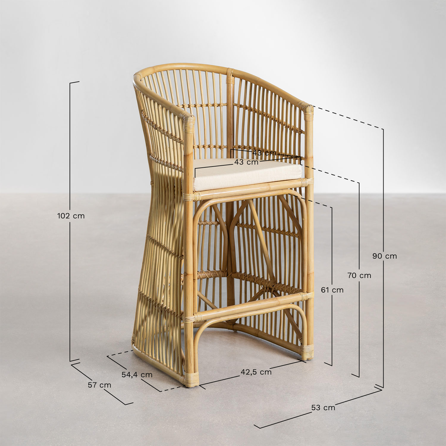 High stool ↑70 cm in Izabal rattan, medidas