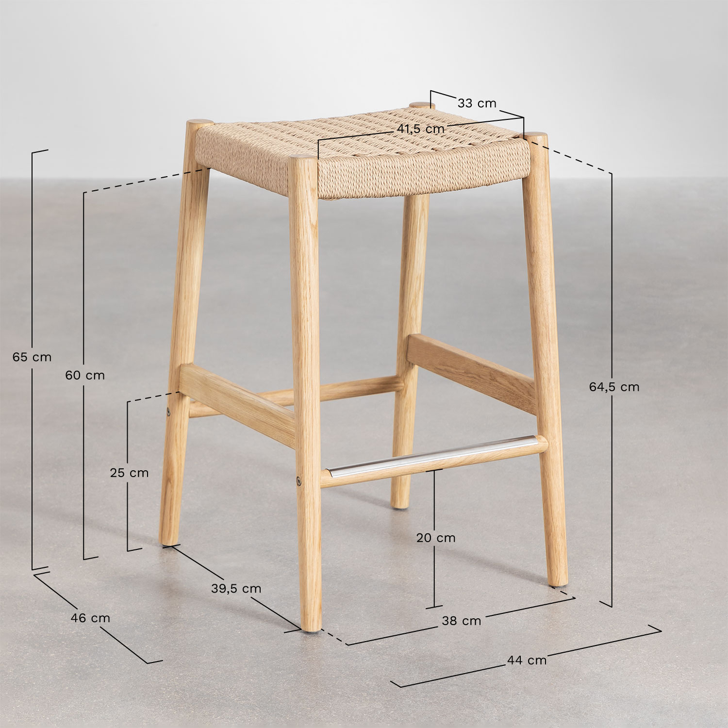 Pack of 2 High Stools in Oak Wood and Braided Rope (66 cm) Mara, medidas