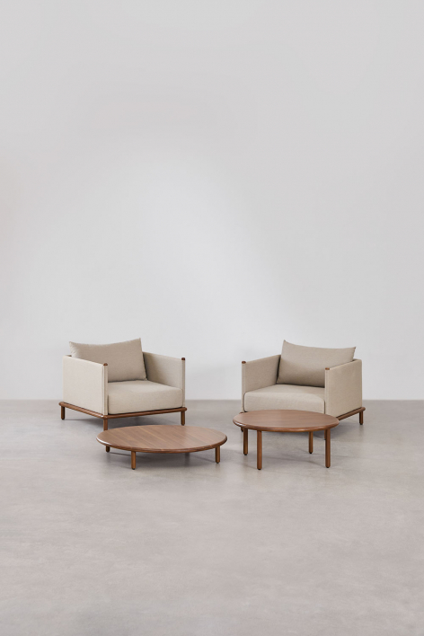 Olivia living room set with 2 armchairs and 2 round acacia wood coffee tables - Dark Acacia Brown