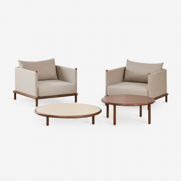 Living Room Set With 2 Armchairs And 2 Round Coffee Tables In Olivia Acacia Wood Beige Semoline - Dark Wood Brown - Sklum