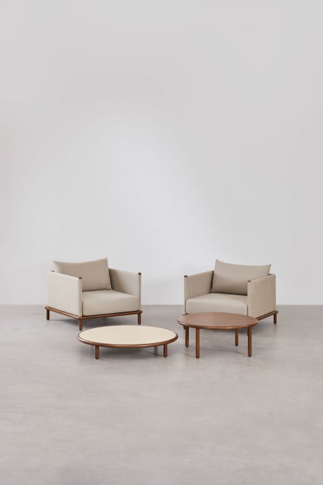 Olivia living room set with 2 armchairs and 2 round acacia wood coffee tables - Beige Semoline - Dark Acacia Brown