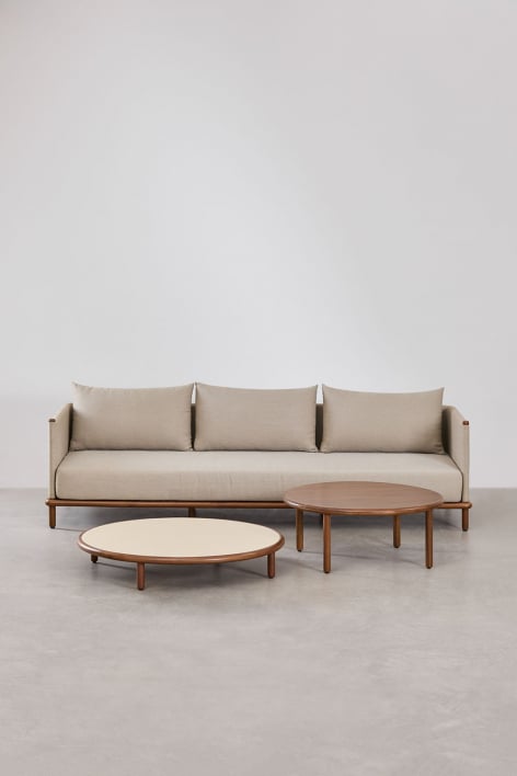 Living room set with 3-seater sofa and 2 round acacia wood coffee tables Olivia - Beige Semoline - Dark Acacia Brown