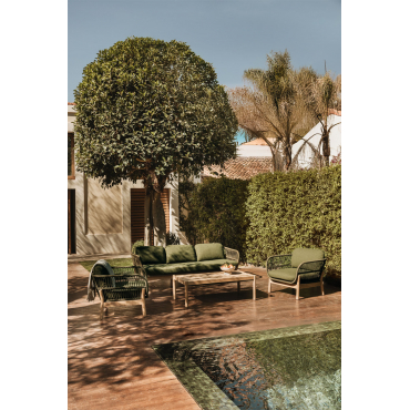 Garden Set With 3-seater Sofa, 2 Armchairs And Coffee Table In Aluminium And Acacia Wood Karvia Light Brown Acacia & Green Sage Bouclé - Sklum