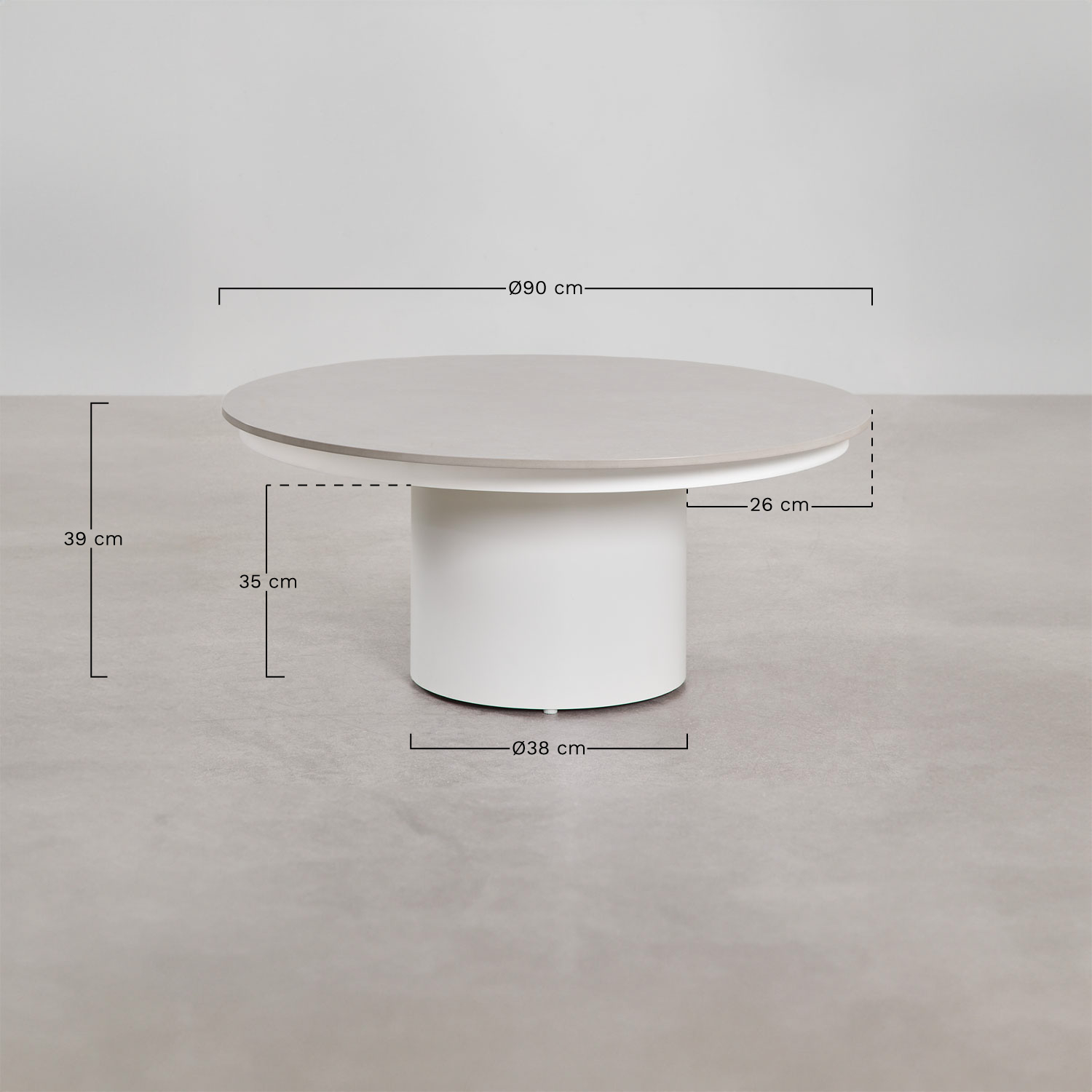 Round garden coffee table Ø90 cm in sintered stone and aluminum Anthurium, medidas