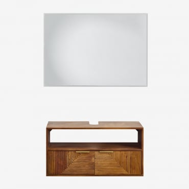 Baty Mango Wood Bathroom Furniture Set Mango Wood & Without Sink & Rectangular Led And Anti-fog 100x70 Cm Tamsin & Without Tap - Sklum