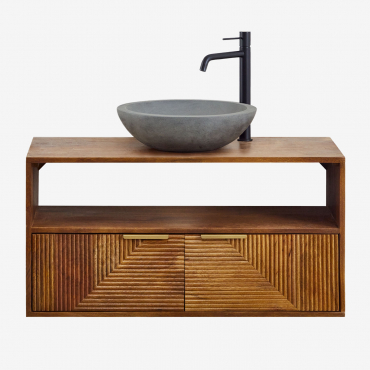 Baty Mango Wood Bathroom Furniture Set Mango Wood & Round Grey Cement Ø40 Cm Tarsis & Mirrorless & Black ↑30 Cm With Drain - Sklum