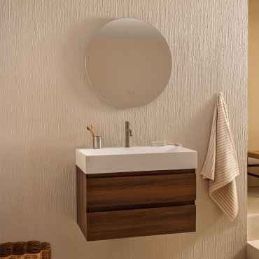 Bathroom Furniture Set In Wood And Ash Veneer With Integrated Ona Washbasin Dark Brown Wood & Round Led And Antifog Ø70 Cm Solyn - Sklum