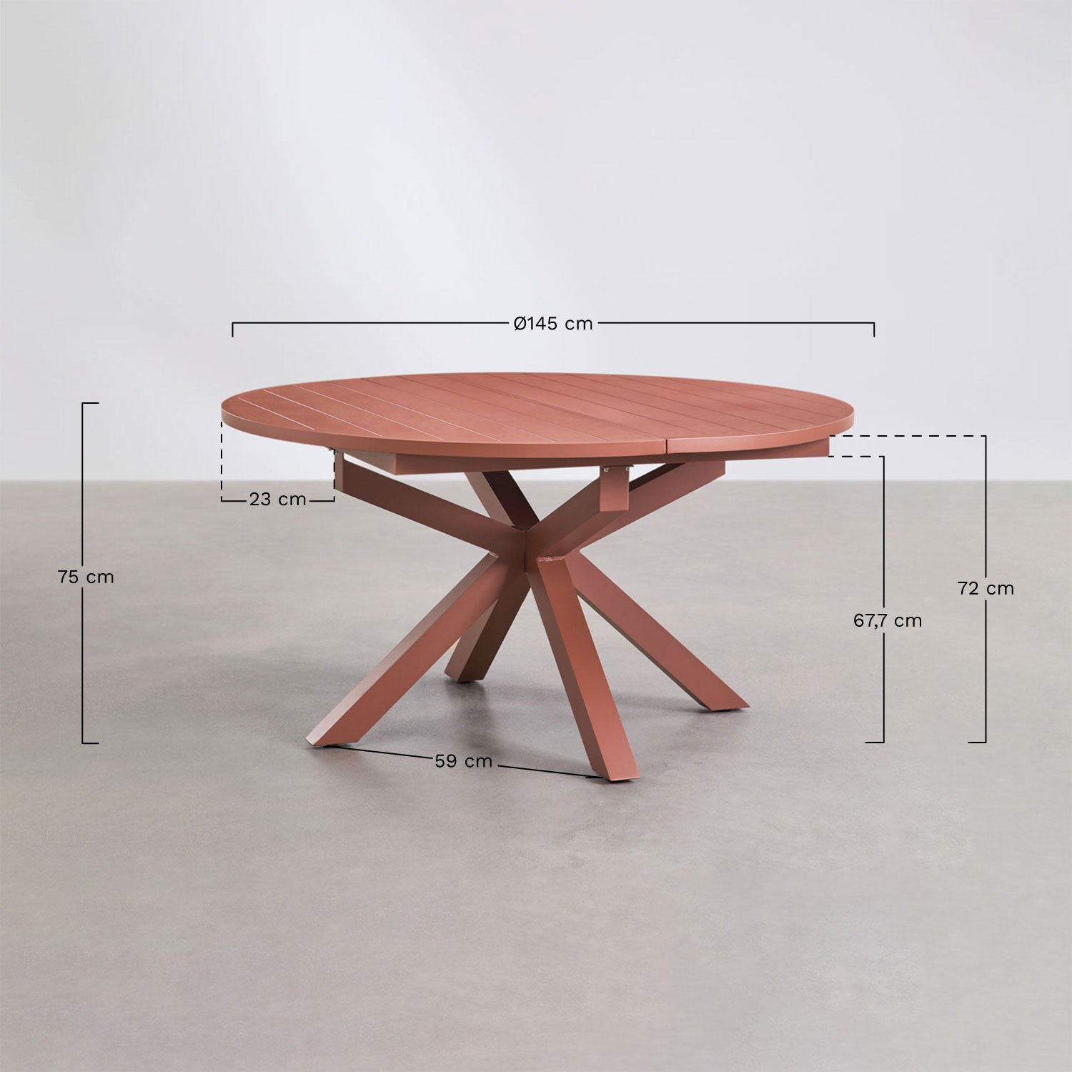 Set of 145-200x145 cm round extendable table in Barces aluminium and 6 stackable dining chairs with Ivor armrests, medidas